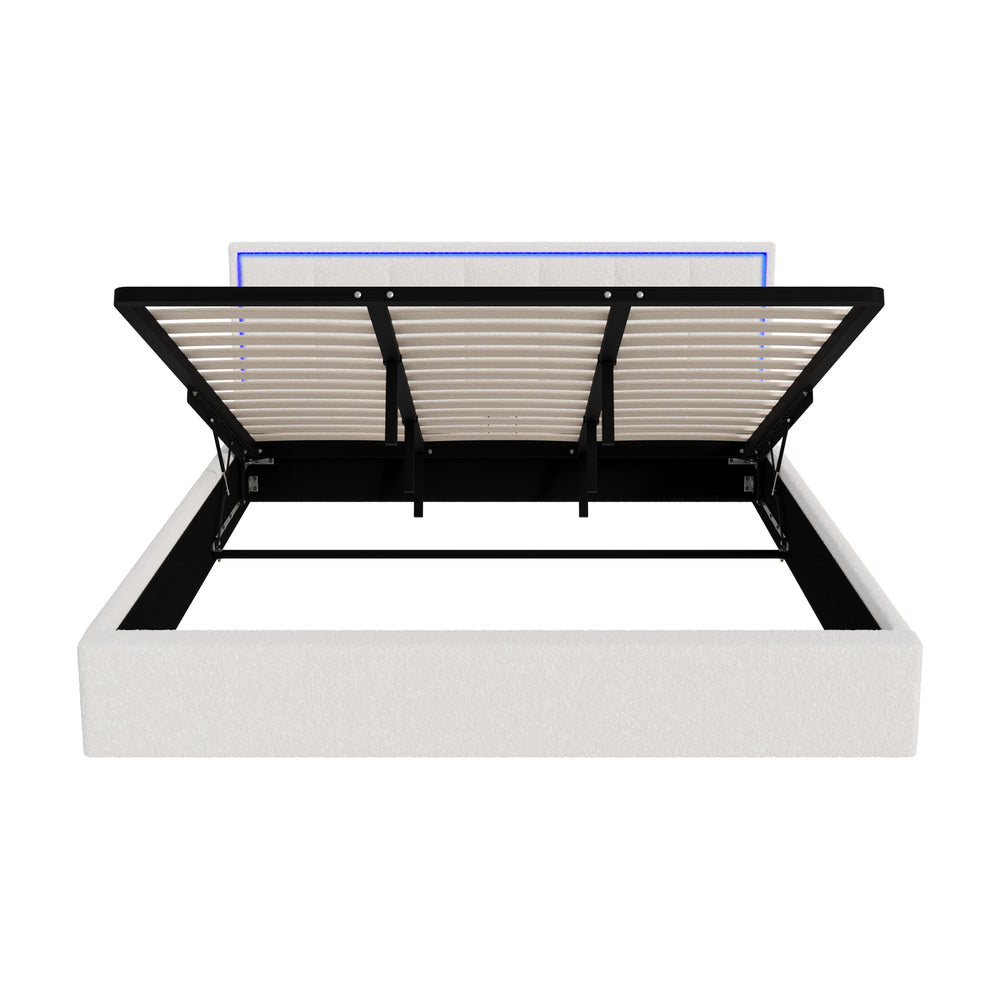 Oikiture Bed Frame King Size RGB LED Gas Lift Storage Base White Boucle-Bed Frame-PEROZ Accessories
