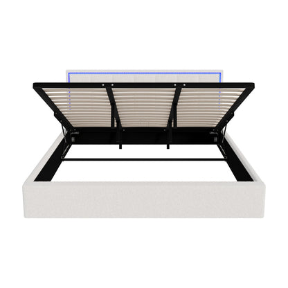 Oikiture Bed Frame King Size RGB LED Gas Lift Storage Base White Boucle-Bed Frame-PEROZ Accessories