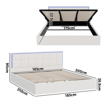 Oikiture Bed Frame King Size RGB LED Gas Lift Storage Base White Boucle-Bed Frame-PEROZ Accessories