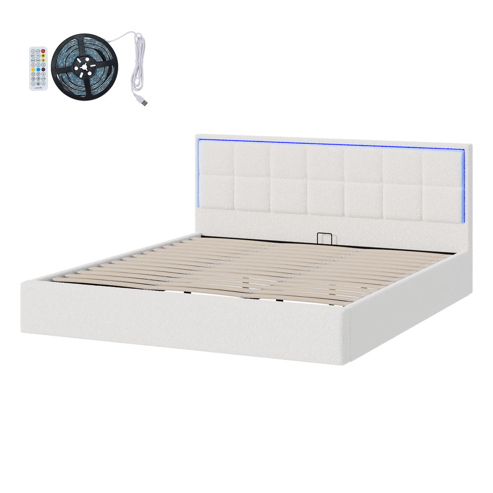 Oikiture Bed Frame King Size RGB LED Gas Lift Storage Base White Boucle-Bed Frame-PEROZ Accessories