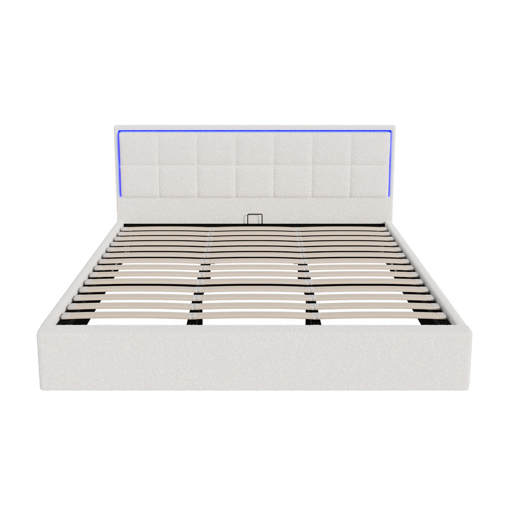 Oikiture Bed Frame King Size RGB LED Gas Lift Storage Base White Boucle-Bed Frame-PEROZ Accessories