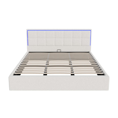 Oikiture Bed Frame King Size RGB LED Gas Lift Storage Base White Boucle-Bed Frame-PEROZ Accessories