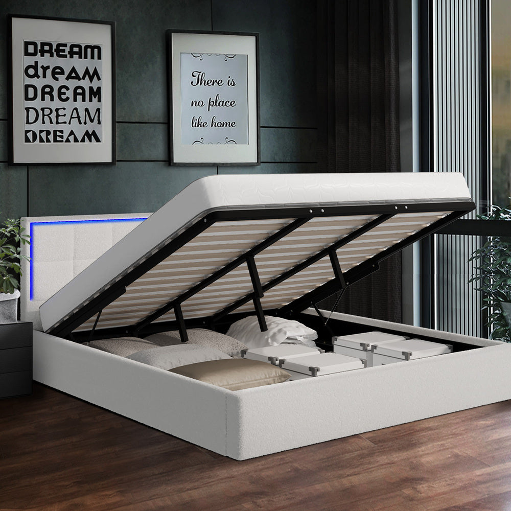 Oikiture Bed Frame King Size RGB LED Gas Lift Storage Base White Boucle-Bed Frame-PEROZ Accessories
