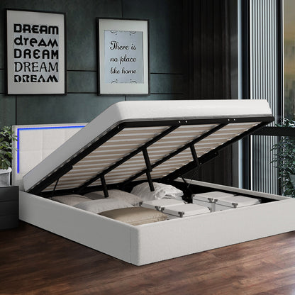 Oikiture Bed Frame King Size RGB LED Gas Lift Storage Base White Boucle-Bed Frame-PEROZ Accessories