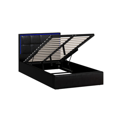 Oikiture Bed Frame King Single RGB LED Gas Lift Storage Base Leather-Bed Frame-PEROZ Accessories