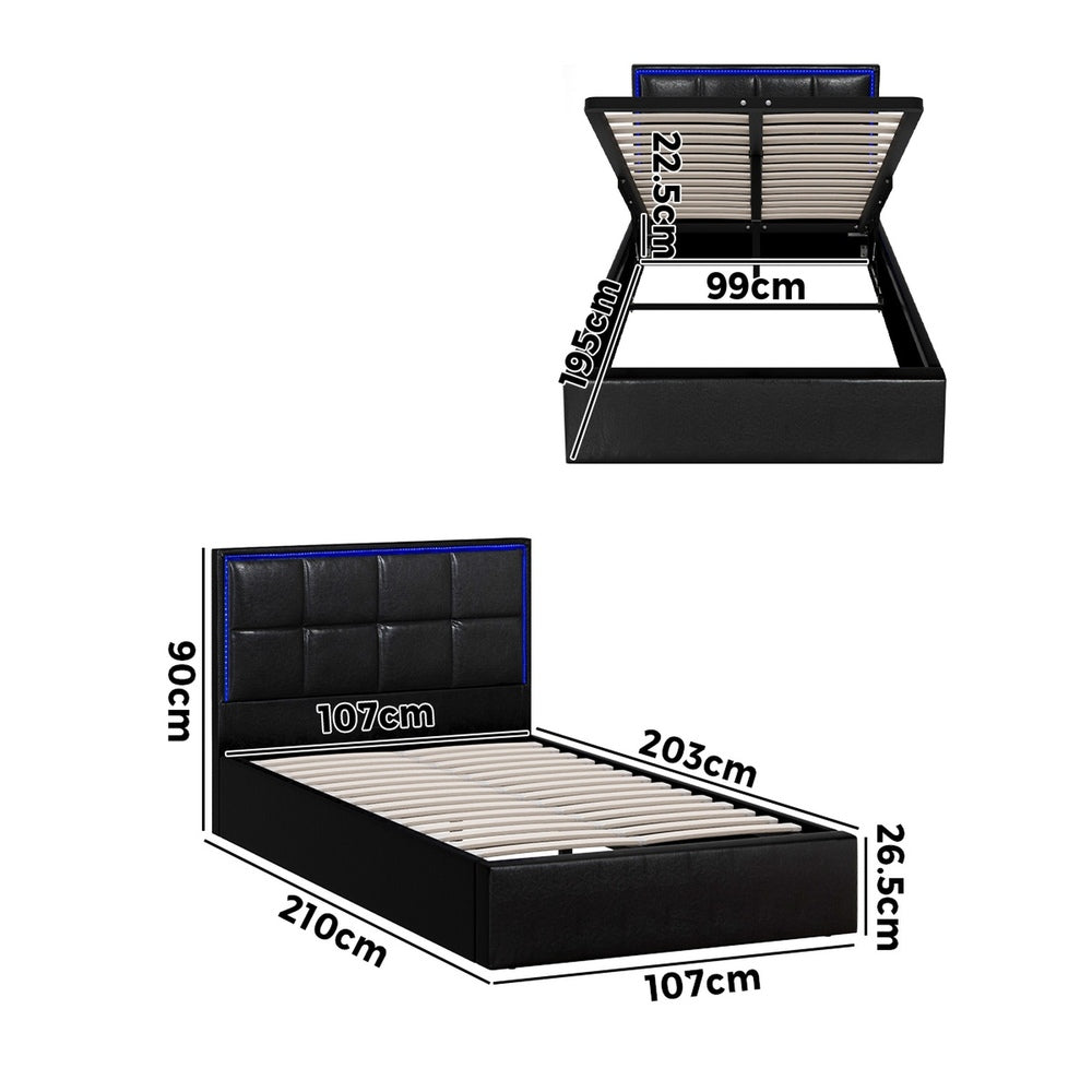 Oikiture Bed Frame King Single RGB LED Gas Lift Storage Base Leather-Bed Frame-PEROZ Accessories