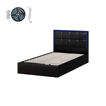 Oikiture Bed Frame King Single RGB LED Gas Lift Storage Base Leather-Bed Frame-PEROZ Accessories