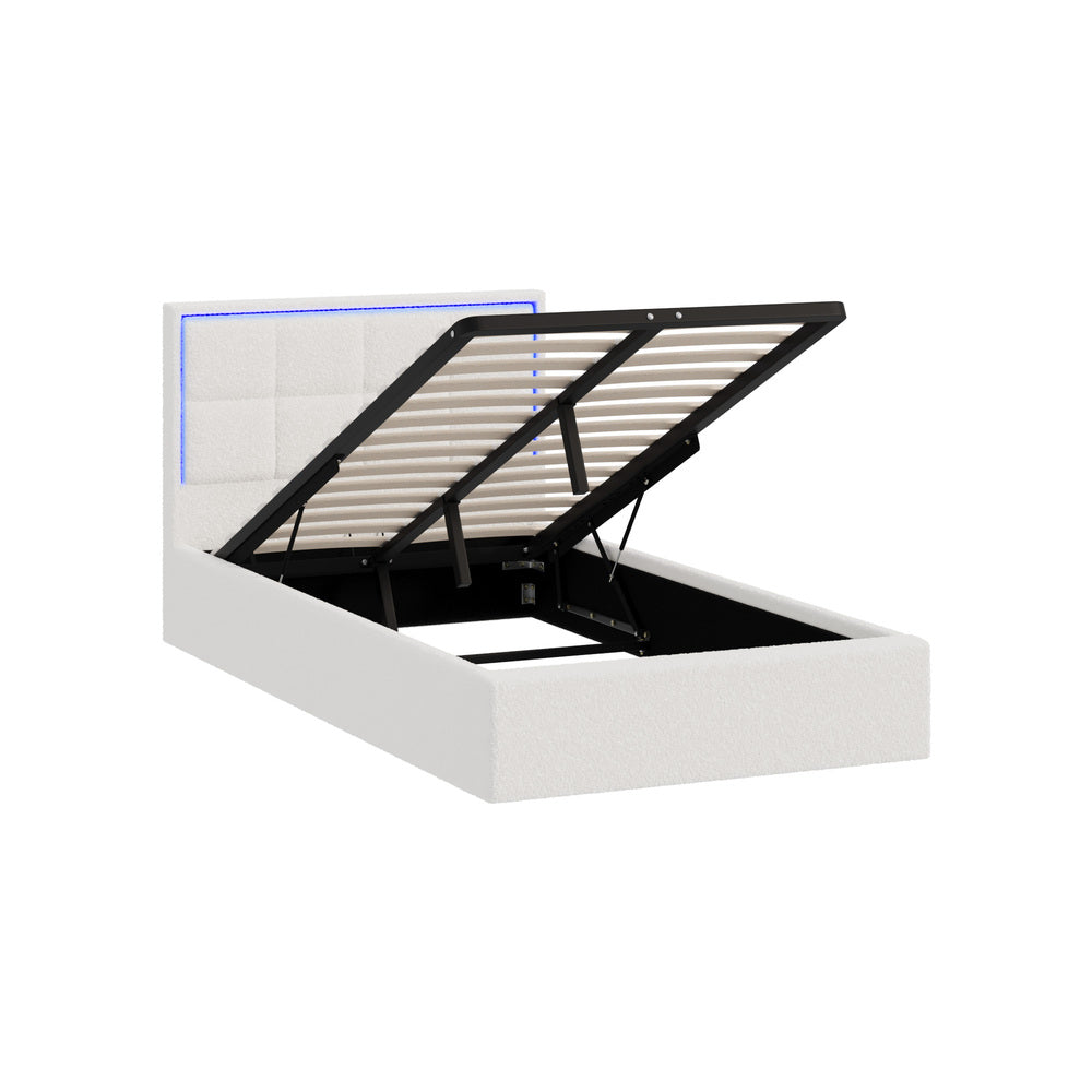 Oikiture Bed Frame King Single RGB LED Gas Lift Storage Base White Boucle-Bed Frame-PEROZ Accessories