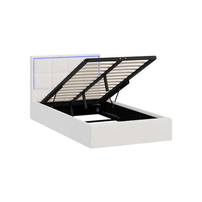 Oikiture Bed Frame King Single RGB LED Gas Lift Storage Base White Boucle-Bed Frame-PEROZ Accessories