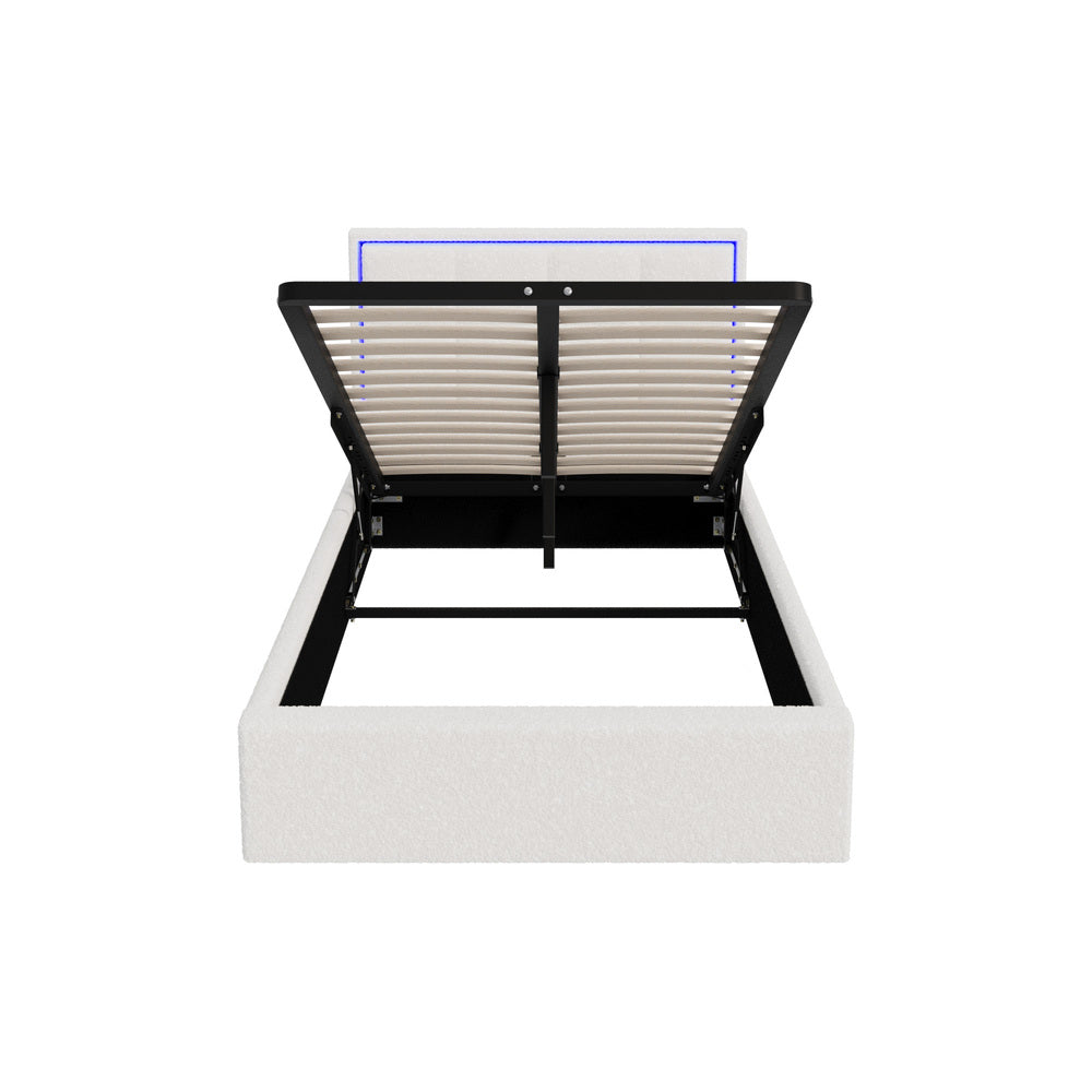 Oikiture Bed Frame King Single RGB LED Gas Lift Storage Base White Boucle-Bed Frame-PEROZ Accessories