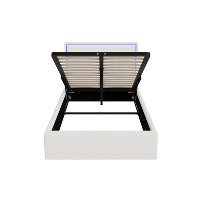 Oikiture Bed Frame King Single RGB LED Gas Lift Storage Base White Boucle-Bed Frame-PEROZ Accessories