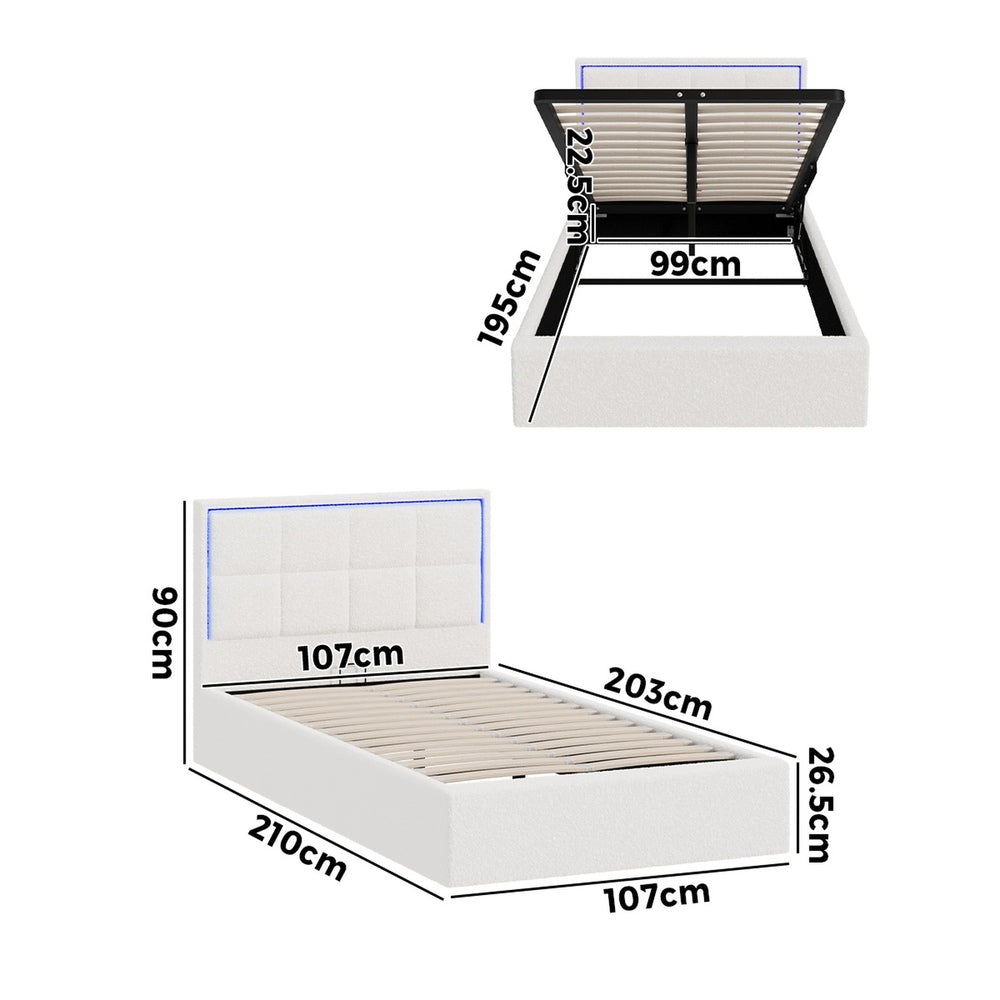 Oikiture Bed Frame King Single RGB LED Gas Lift Storage Base White Boucle-Bed Frame-PEROZ Accessories