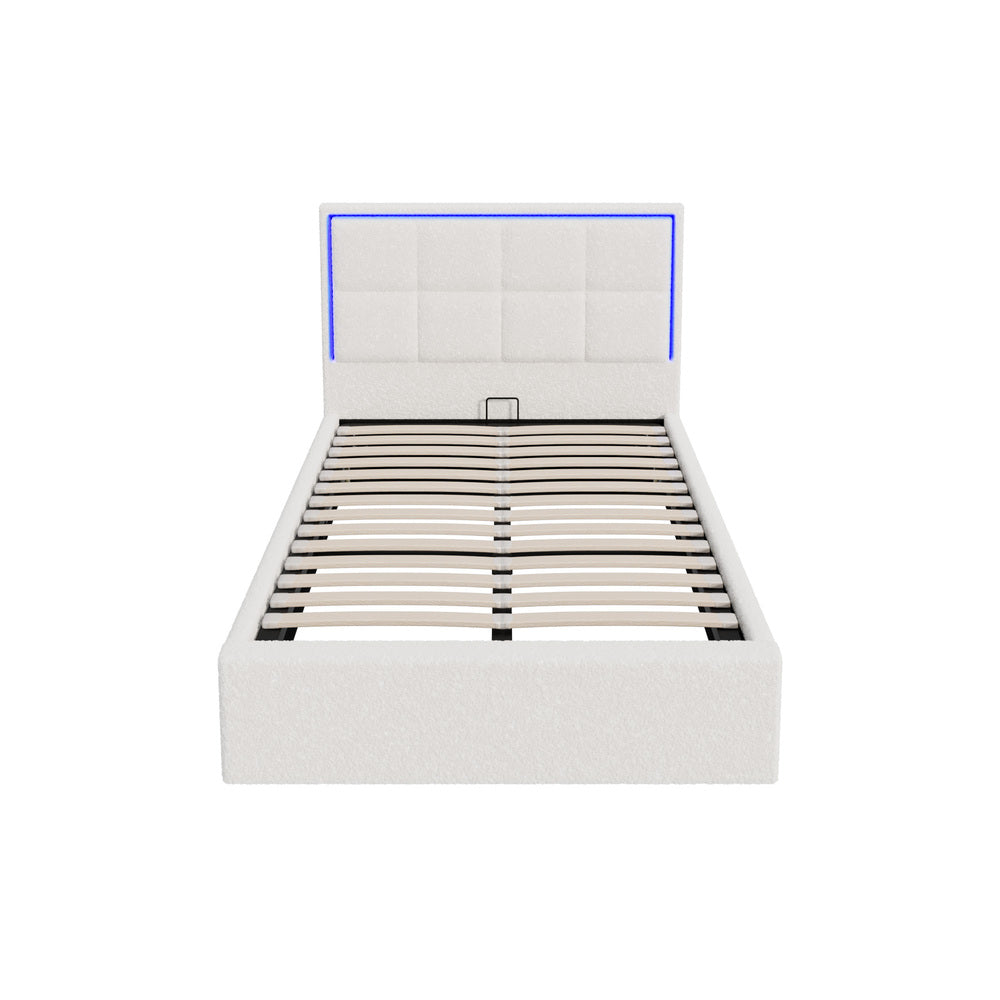 Oikiture Bed Frame King Single RGB LED Gas Lift Storage Base White Boucle-Bed Frame-PEROZ Accessories