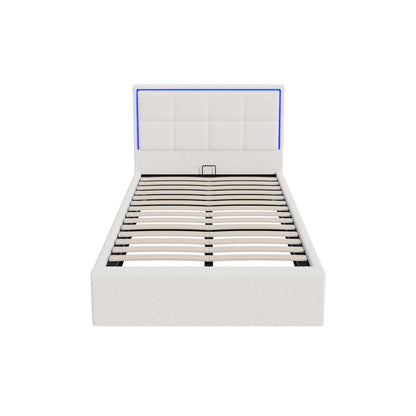 Oikiture Bed Frame King Single RGB LED Gas Lift Storage Base White Boucle-Bed Frame-PEROZ Accessories