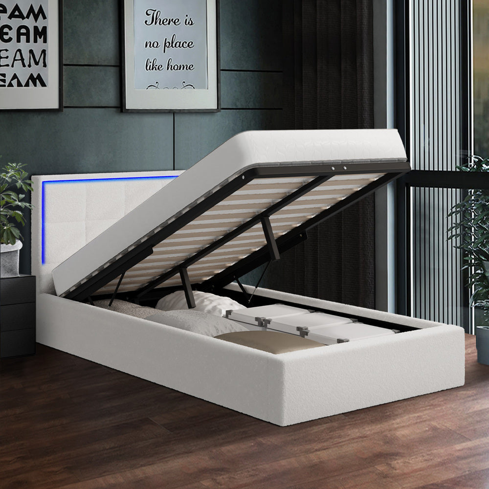 Oikiture Bed Frame King Single RGB LED Gas Lift Storage Base White Boucle-Bed Frame-PEROZ Accessories