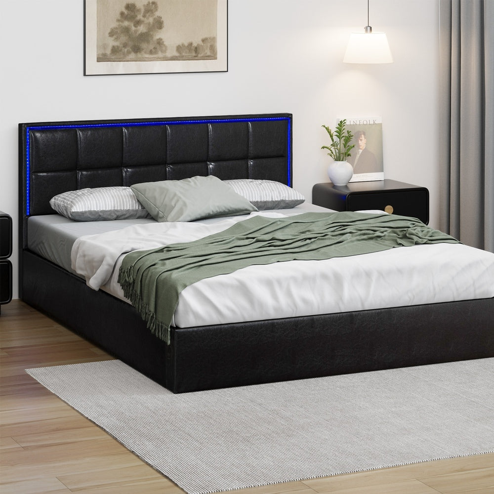 Oikiture Bed Frame Queen Size RGB LED Gas Lift Storage Base Leather-Bed Frame-PEROZ Accessories
