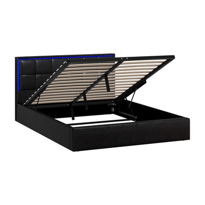 Oikiture Bed Frame Queen Size RGB LED Gas Lift Storage Base Leather-Bed Frame-PEROZ Accessories