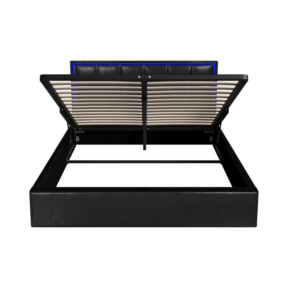 Oikiture Bed Frame Queen Size RGB LED Gas Lift Storage Base Leather-Bed Frame-PEROZ Accessories