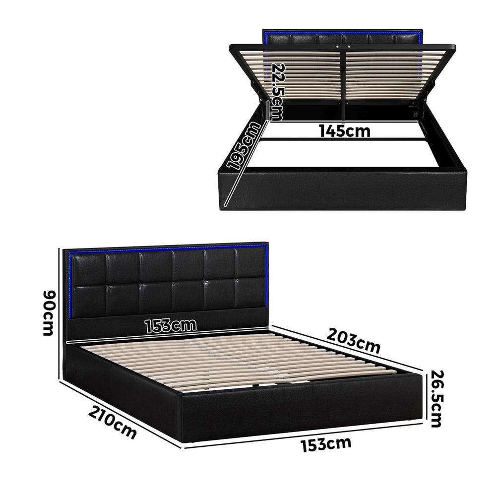 Oikiture Bed Frame Queen Size RGB LED Gas Lift Storage Base Leather-Bed Frame-PEROZ Accessories