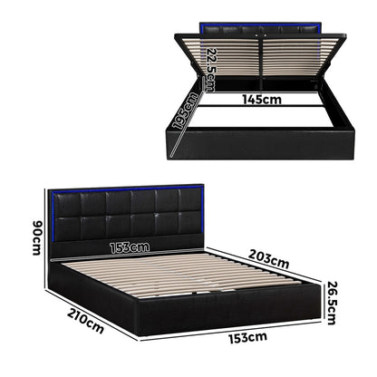 Oikiture Bed Frame Queen Size RGB LED Gas Lift Storage Base Leather-Bed Frame-PEROZ Accessories