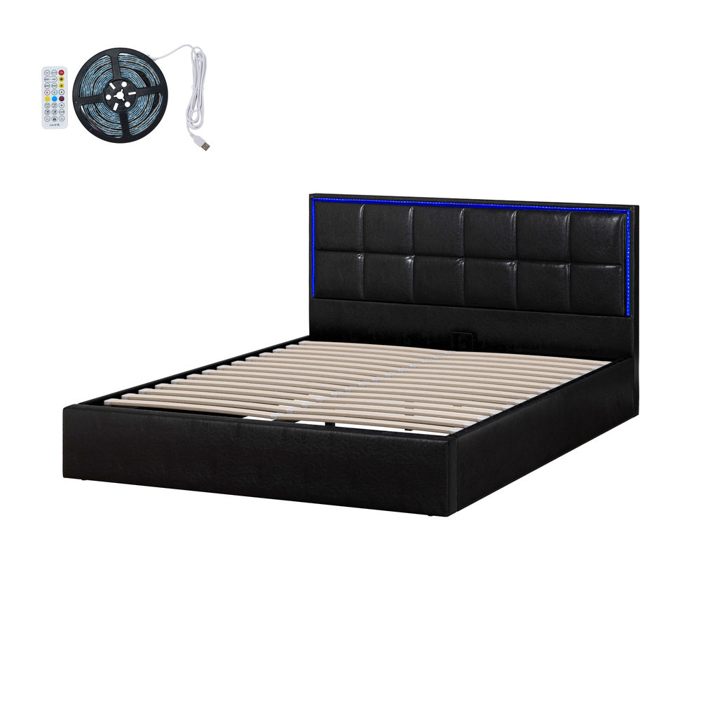 Oikiture Bed Frame Queen Size RGB LED Gas Lift Storage Base Leather-Bed Frame-PEROZ Accessories