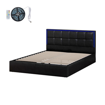 Oikiture Bed Frame Queen Size RGB LED Gas Lift Storage Base Leather-Bed Frame-PEROZ Accessories