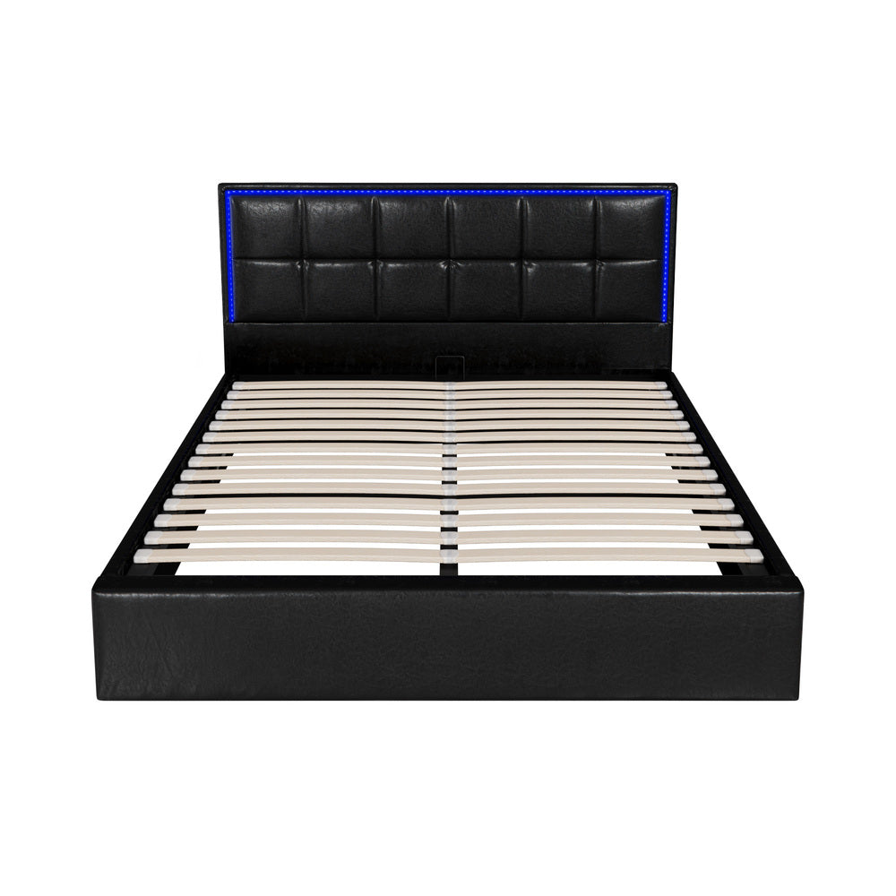 Oikiture Bed Frame Queen Size RGB LED Gas Lift Storage Base Leather-Bed Frame-PEROZ Accessories