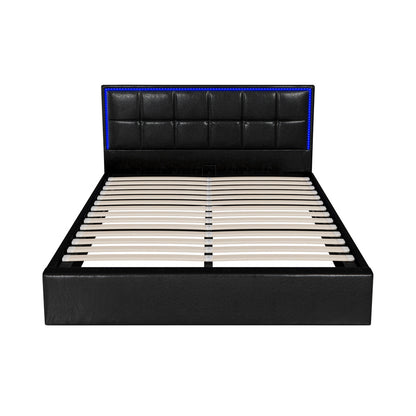 Oikiture Bed Frame Queen Size RGB LED Gas Lift Storage Base Leather-Bed Frame-PEROZ Accessories