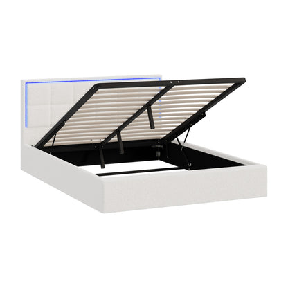 Oikiture Bed Frame Queen Size RGB LED Gas Lift Storage Base White Boucle-Bed Frame-PEROZ Accessories