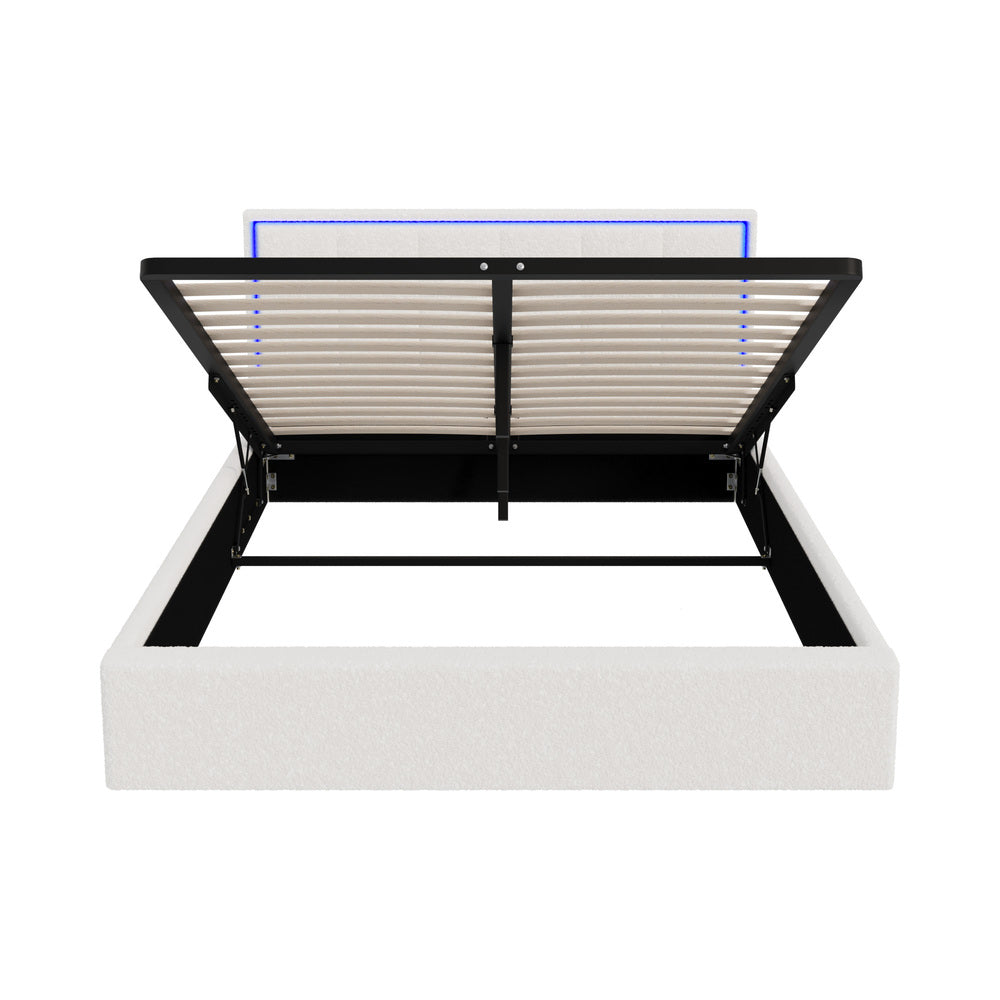 Oikiture Bed Frame Queen Size RGB LED Gas Lift Storage Base White Boucle-Bed Frame-PEROZ Accessories