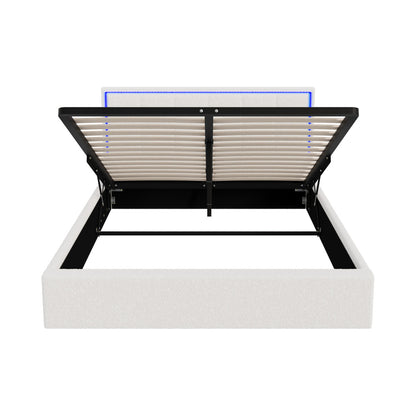 Oikiture Bed Frame Queen Size RGB LED Gas Lift Storage Base White Boucle-Bed Frame-PEROZ Accessories