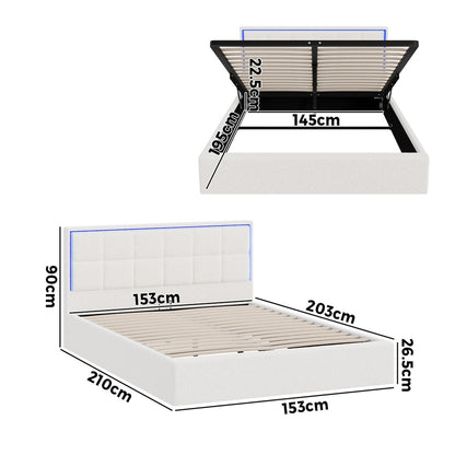 Oikiture Bed Frame Queen Size RGB LED Gas Lift Storage Base White Boucle-Bed Frame-PEROZ Accessories