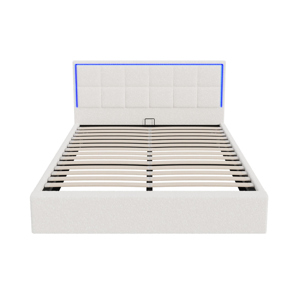 Oikiture Bed Frame Queen Size RGB LED Gas Lift Storage Base White Boucle-Bed Frame-PEROZ Accessories