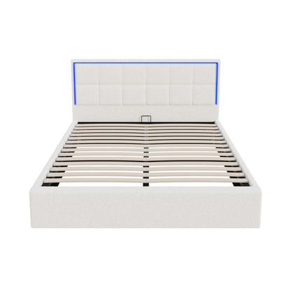 Oikiture Bed Frame Queen Size RGB LED Gas Lift Storage Base White Boucle-Bed Frame-PEROZ Accessories