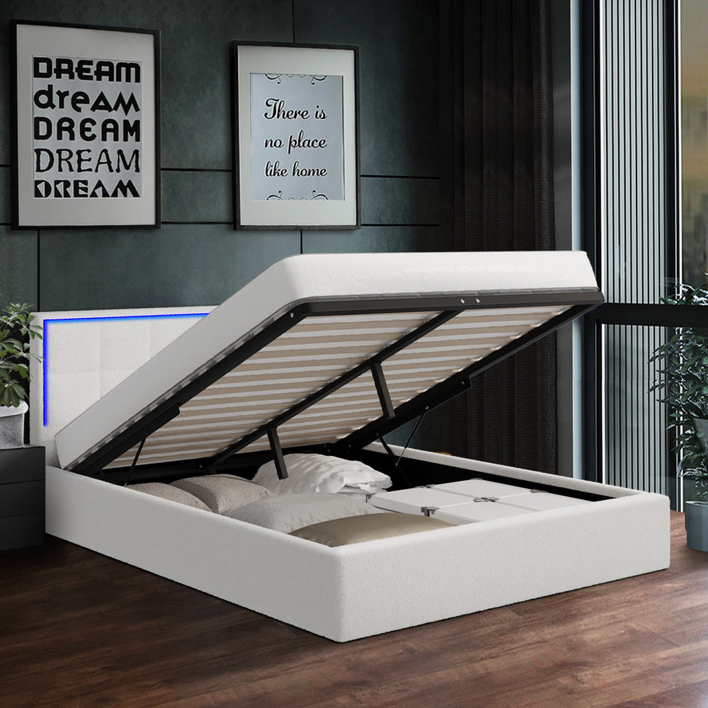 Oikiture Bed Frame Queen Size RGB LED Gas Lift Storage Base White Boucle-Bed Frame-PEROZ Accessories