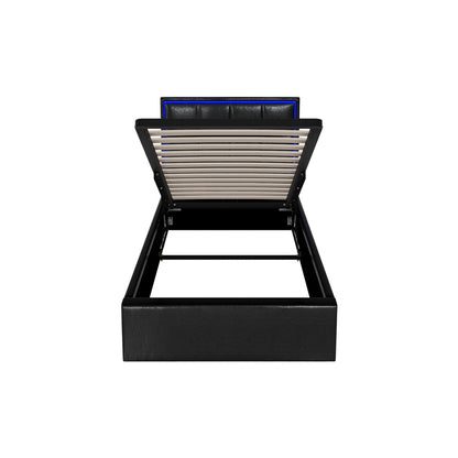 Oikiture Bed Frame Single Size RGB LED Gas Lift Storage Base Leather-Bed Frame-PEROZ Accessories