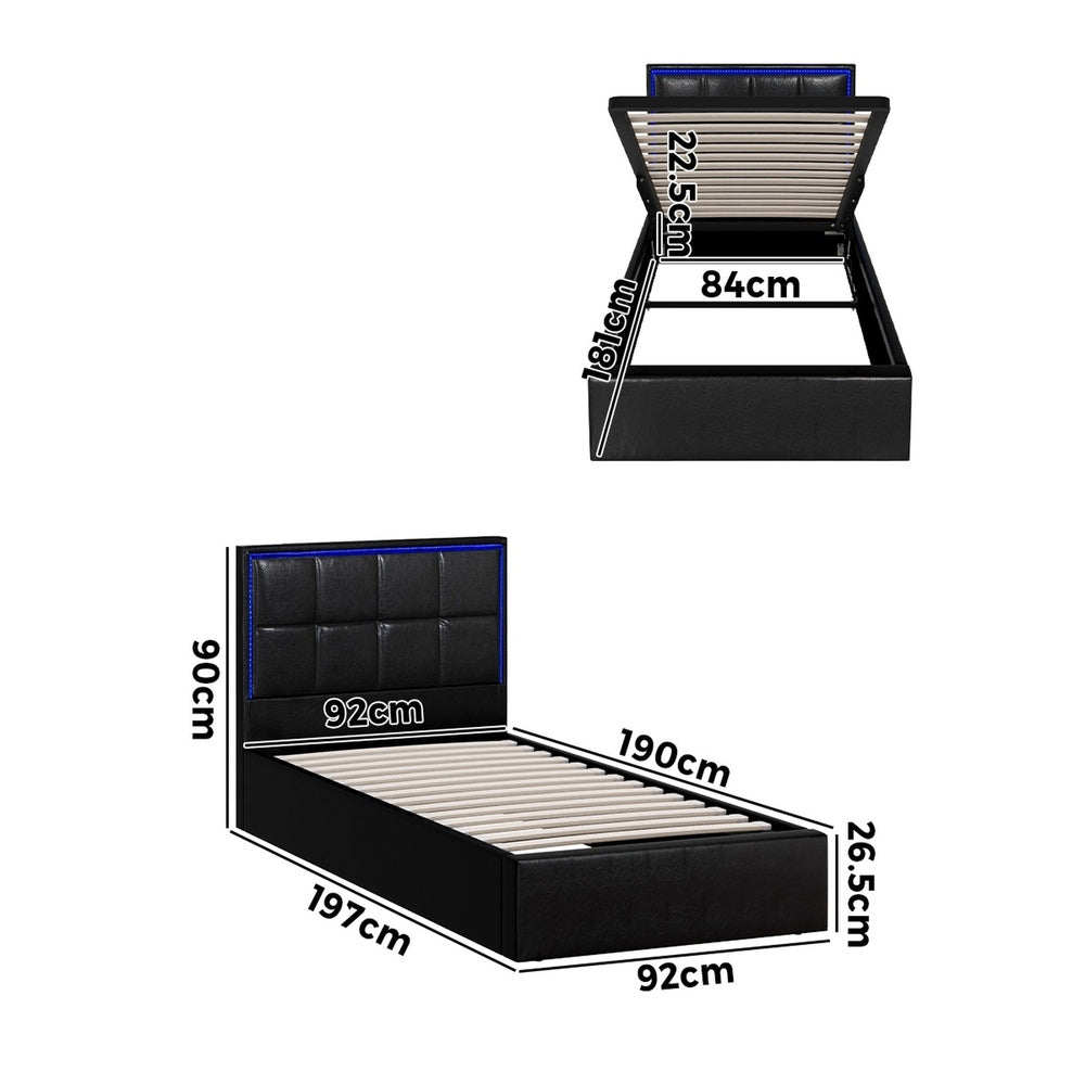 Oikiture Bed Frame Single Size RGB LED Gas Lift Storage Base Leather-Bed Frame-PEROZ Accessories