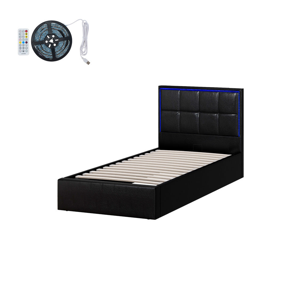 Oikiture Bed Frame Single Size RGB LED Gas Lift Storage Base Leather-Bed Frame-PEROZ Accessories