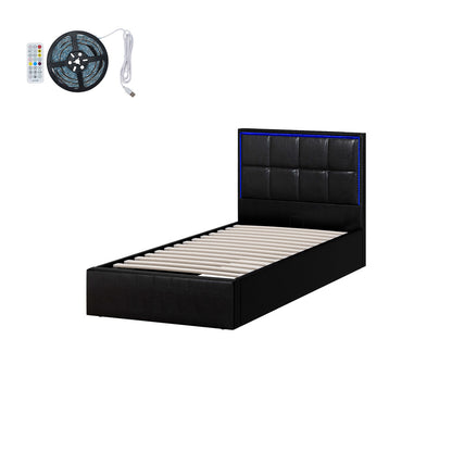 Oikiture Bed Frame Single Size RGB LED Gas Lift Storage Base Leather-Bed Frame-PEROZ Accessories
