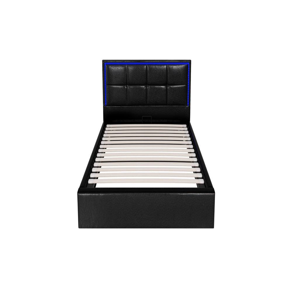 Oikiture Bed Frame Single Size RGB LED Gas Lift Storage Base Leather-Bed Frame-PEROZ Accessories