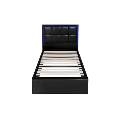 Oikiture Bed Frame Single Size RGB LED Gas Lift Storage Base Leather-Bed Frame-PEROZ Accessories