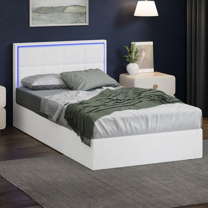 Oikiture Bed Frame Single Size RGB LED Gas Lift Storage Base White Boucle-Bed Frame-PEROZ Accessories
