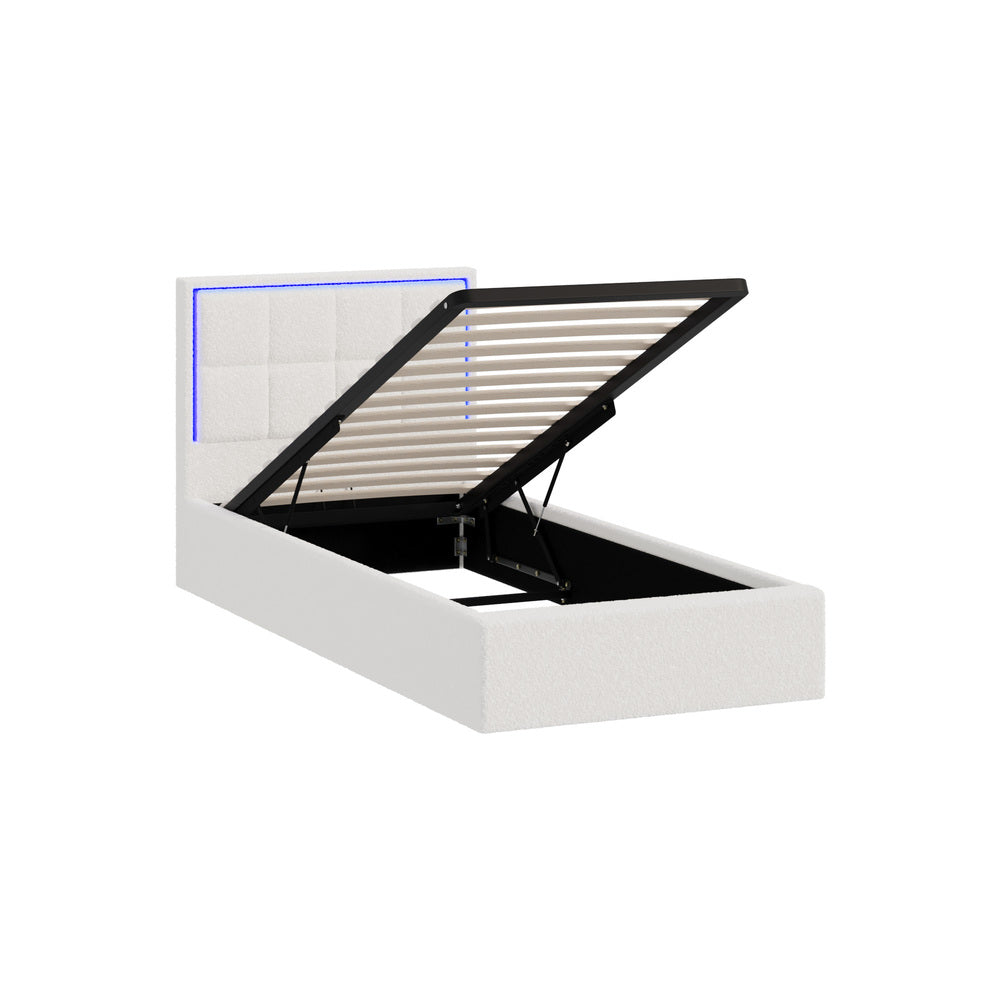 Oikiture Bed Frame Single Size RGB LED Gas Lift Storage Base White Boucle-Bed Frame-PEROZ Accessories