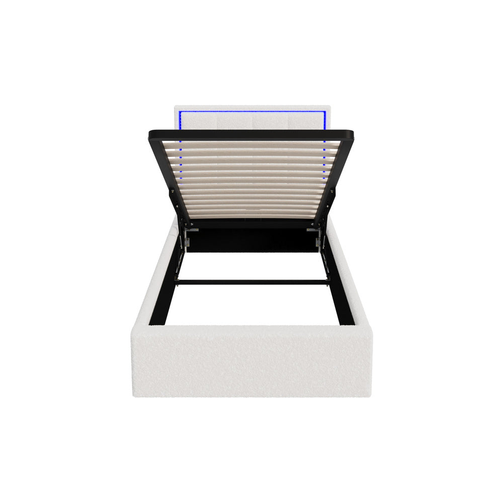 Oikiture Bed Frame Single Size RGB LED Gas Lift Storage Base White Boucle-Bed Frame-PEROZ Accessories