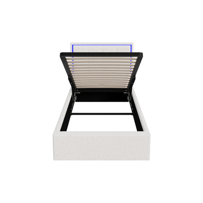 Oikiture Bed Frame Single Size RGB LED Gas Lift Storage Base White Boucle-Bed Frame-PEROZ Accessories