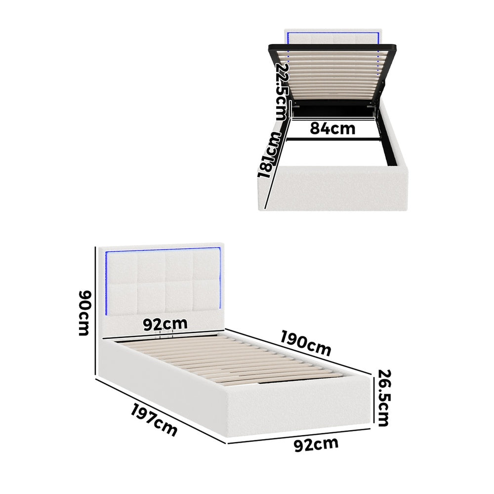 Oikiture Bed Frame Single Size RGB LED Gas Lift Storage Base White Boucle-Bed Frame-PEROZ Accessories
