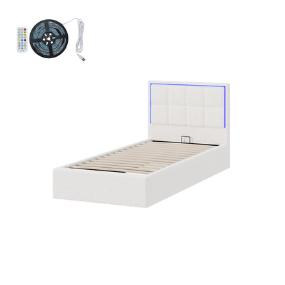 Oikiture Bed Frame Single Size RGB LED Gas Lift Storage Base White Boucle-Bed Frame-PEROZ Accessories
