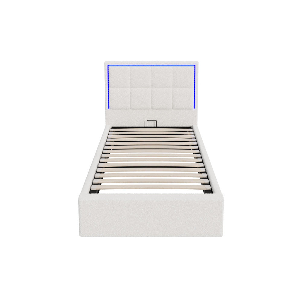 Oikiture Bed Frame Single Size RGB LED Gas Lift Storage Base White Boucle-Bed Frame-PEROZ Accessories