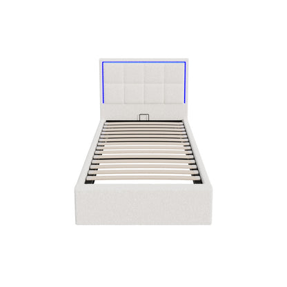 Oikiture Bed Frame Single Size RGB LED Gas Lift Storage Base White Boucle-Bed Frame-PEROZ Accessories