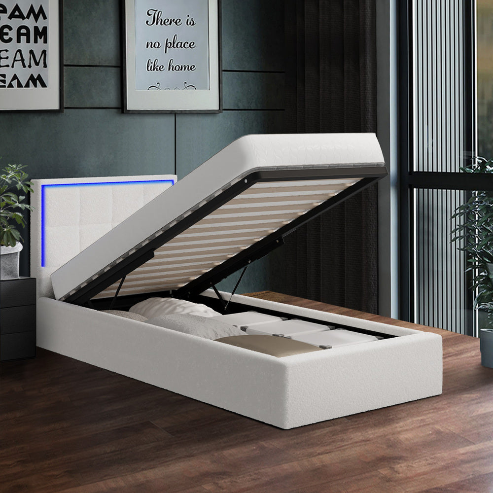 Oikiture Bed Frame Single Size RGB LED Gas Lift Storage Base White Boucle-Bed Frame-PEROZ Accessories